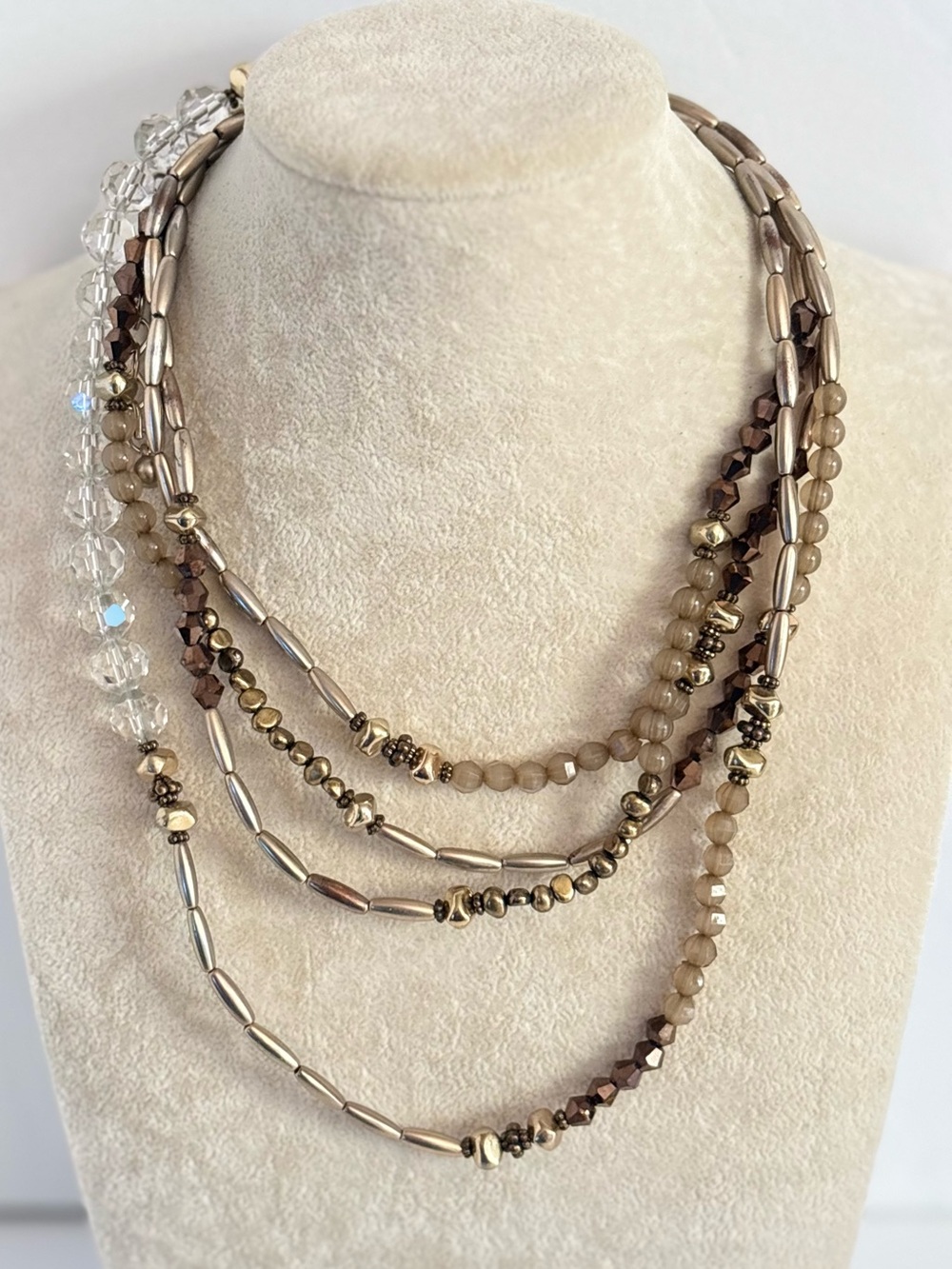 Chico's Double Strand Neutral Necklace Champagne Taupe Beaded Layered Necklace